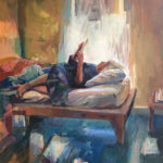 Painting of person reading on a bed