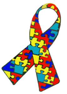 Ribbon with red, yellow, green and blue puzzle pieces to represent Autism Awareness