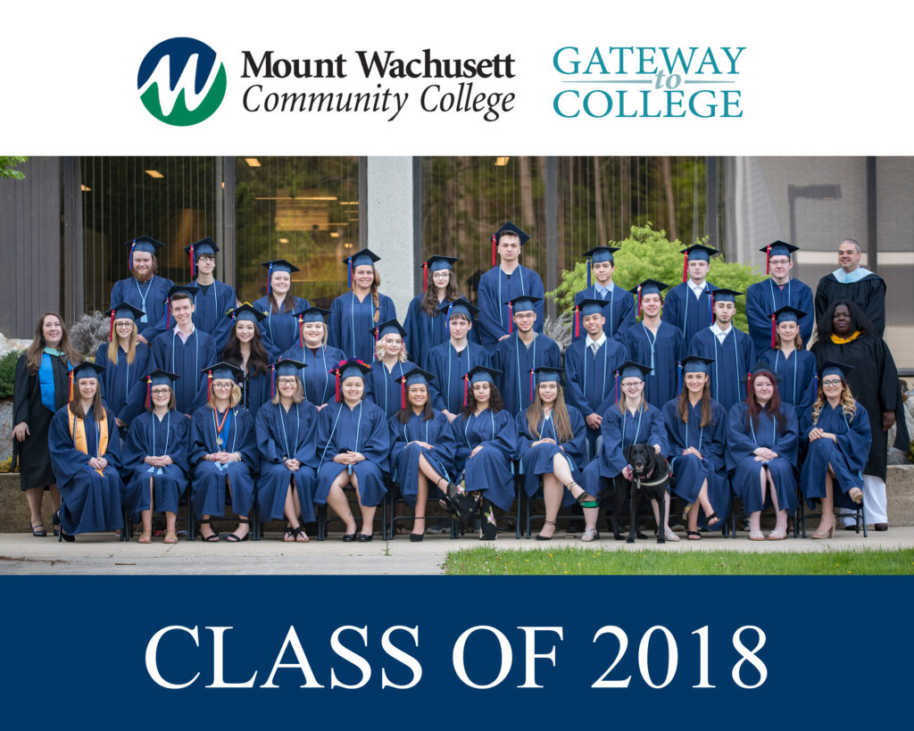 A group of students in graduation apparel is lined up for a photo.