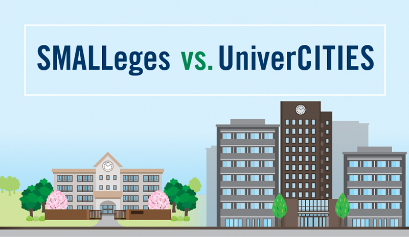 Illustration of a small building next to a city (text: SMALLeges vs. UniverCITIES)