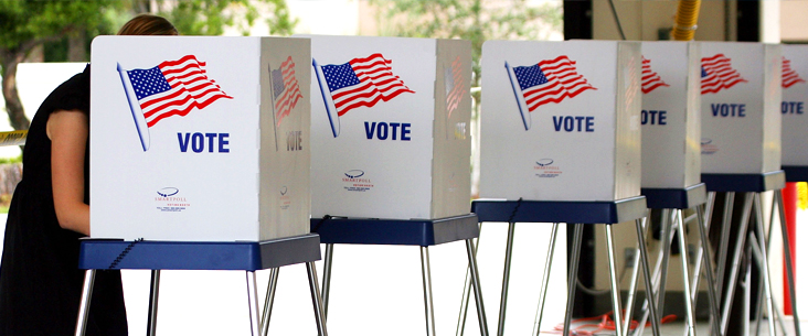 a woman stands behind a screen at a polling place