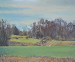 “Lush Pasture,” 2019, oil on canvas, by Karen Evans is on display in the East Wing Gallery in the Raymond LaFontaine Fine Arts Center through September 25, 2019. 