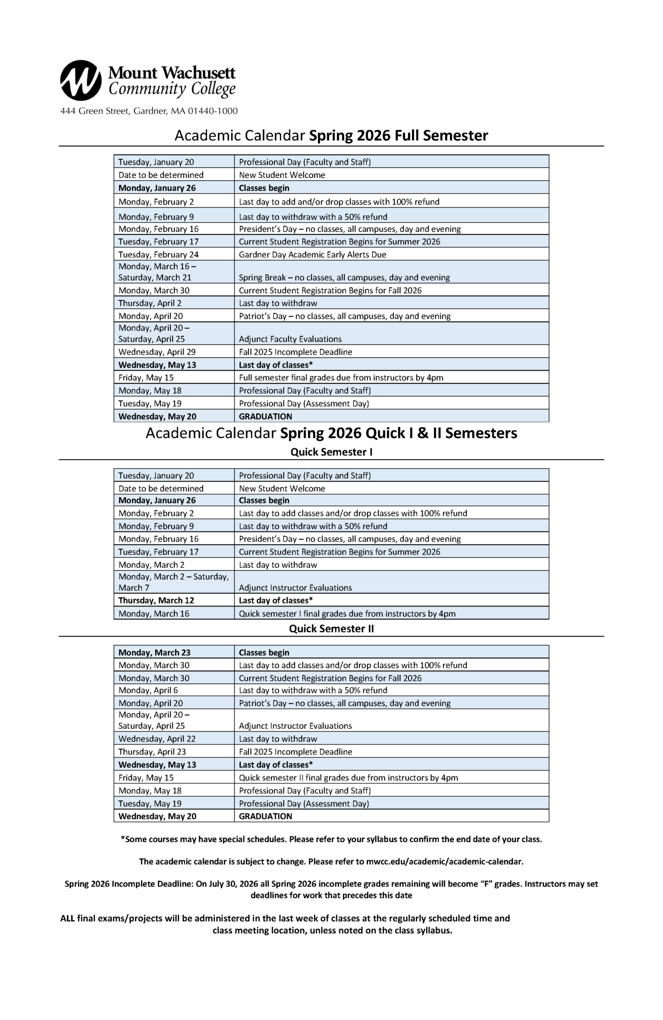 Academic Calendar Mount Wachusett Community College Academic Calendar Mount Wachusett Community College