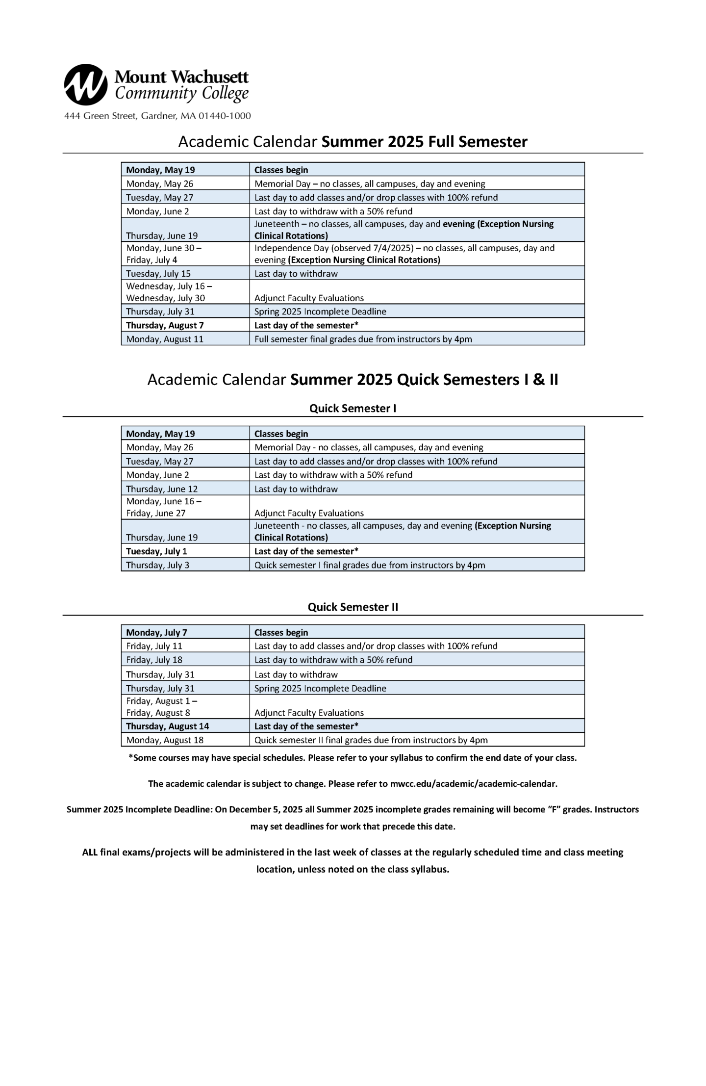 Academic Calendar Mount Wachusett Community College Academic Calendar Mount Wachusett Community College
