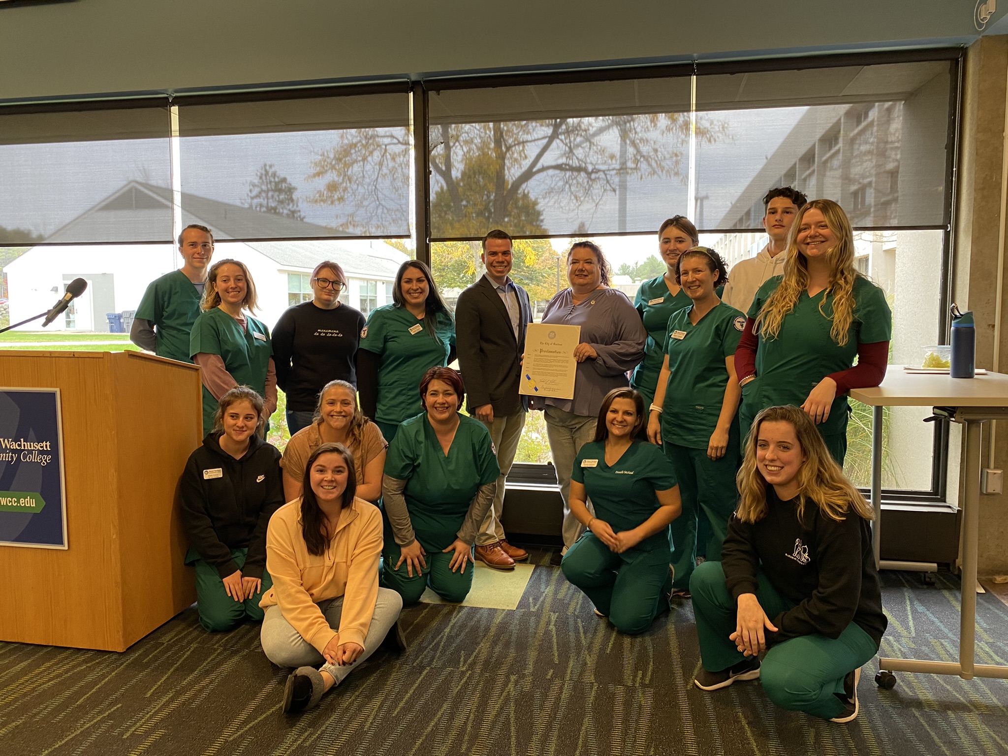 Mayor Nicholson and the Veterinary Technology Students and Program Director Tara Novak