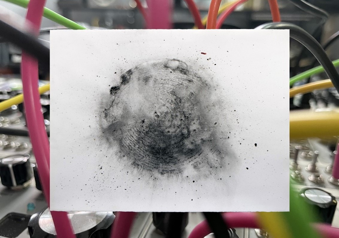 Matsuda, Purification Print, charcoal on Arches paper, 20.75 x 23.5 inches Dominique, Modular Synthesizer, color photograph