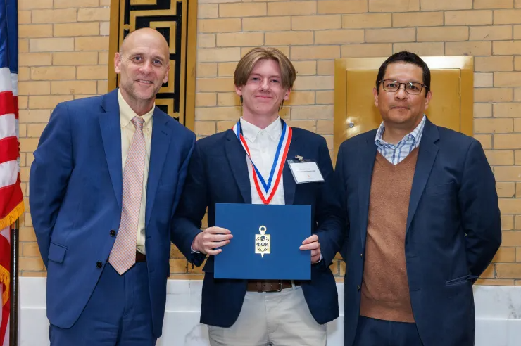 MWCC President James Vander Hooven, student Nathaniel Soucy, and Commissioner Noe Ortega