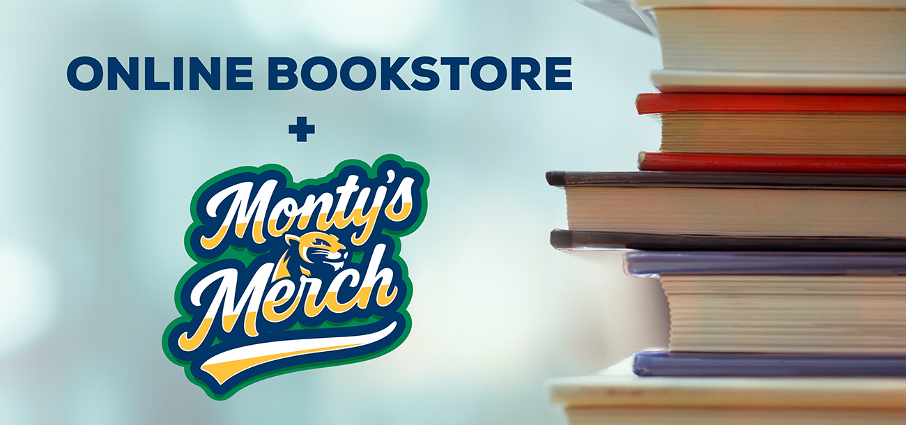 stack of books to the right displaying Online Bookstore + Monty's Merch to the left. Book stack in the library room and blurred bookshelf for business and education background, back to school concept