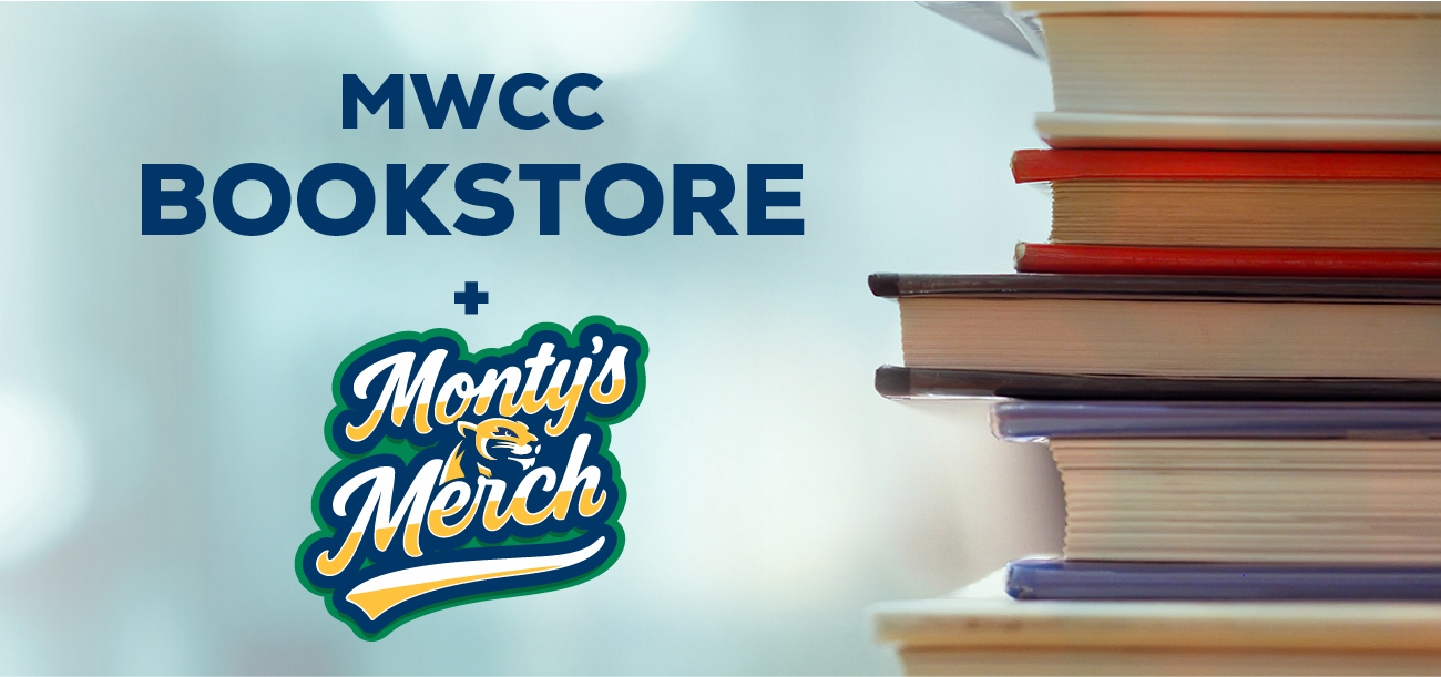 stack of books to the right displaying Online Bookstore + Monty's Merch to the left. Book stack in the library room and blurred bookshelf for business and education background, back to school concept