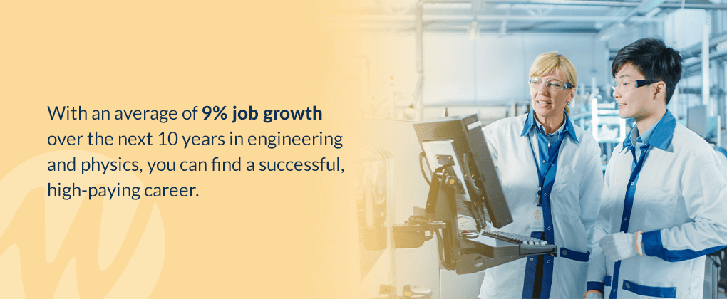 With an average of 9% job growth over the next 10 years in engineering and physics, you can find a successful, high-paying career.