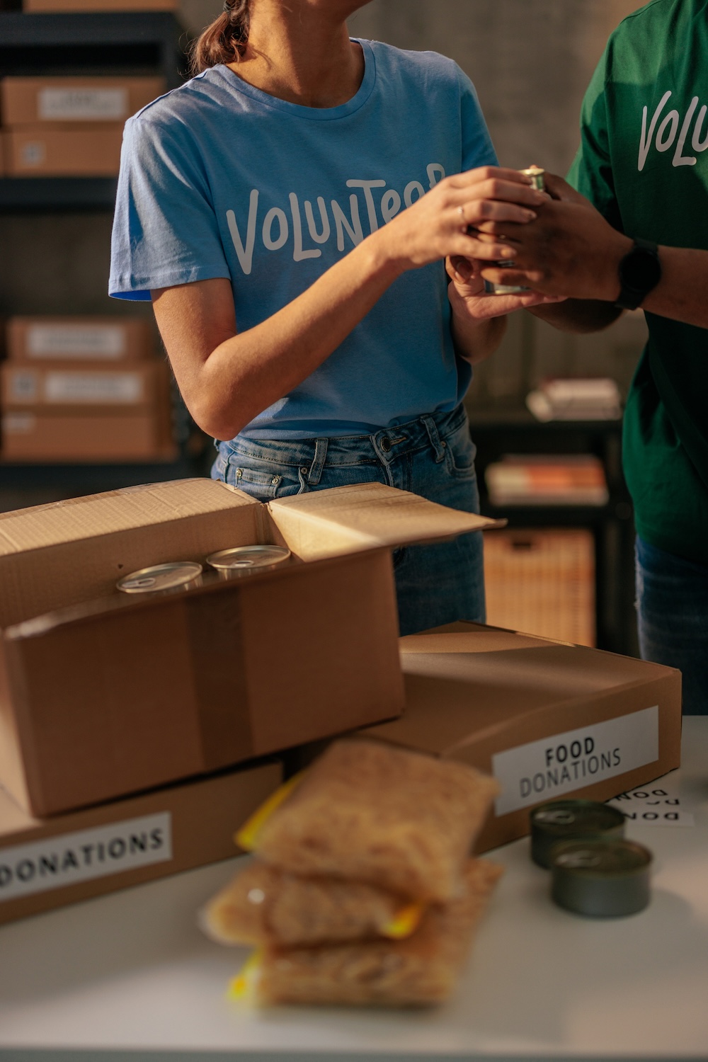 Volunteers collaborating on food donations