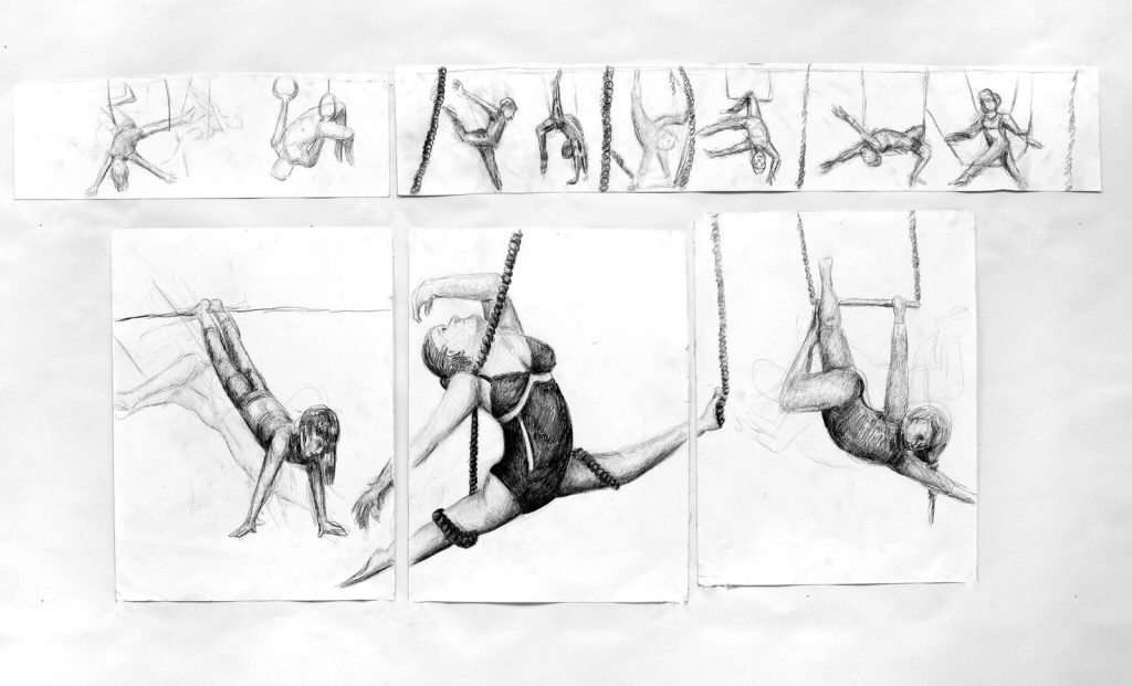 Sara Lacy, The Flying Trapeze, graphite and colored pencil, 18 x 25 in.