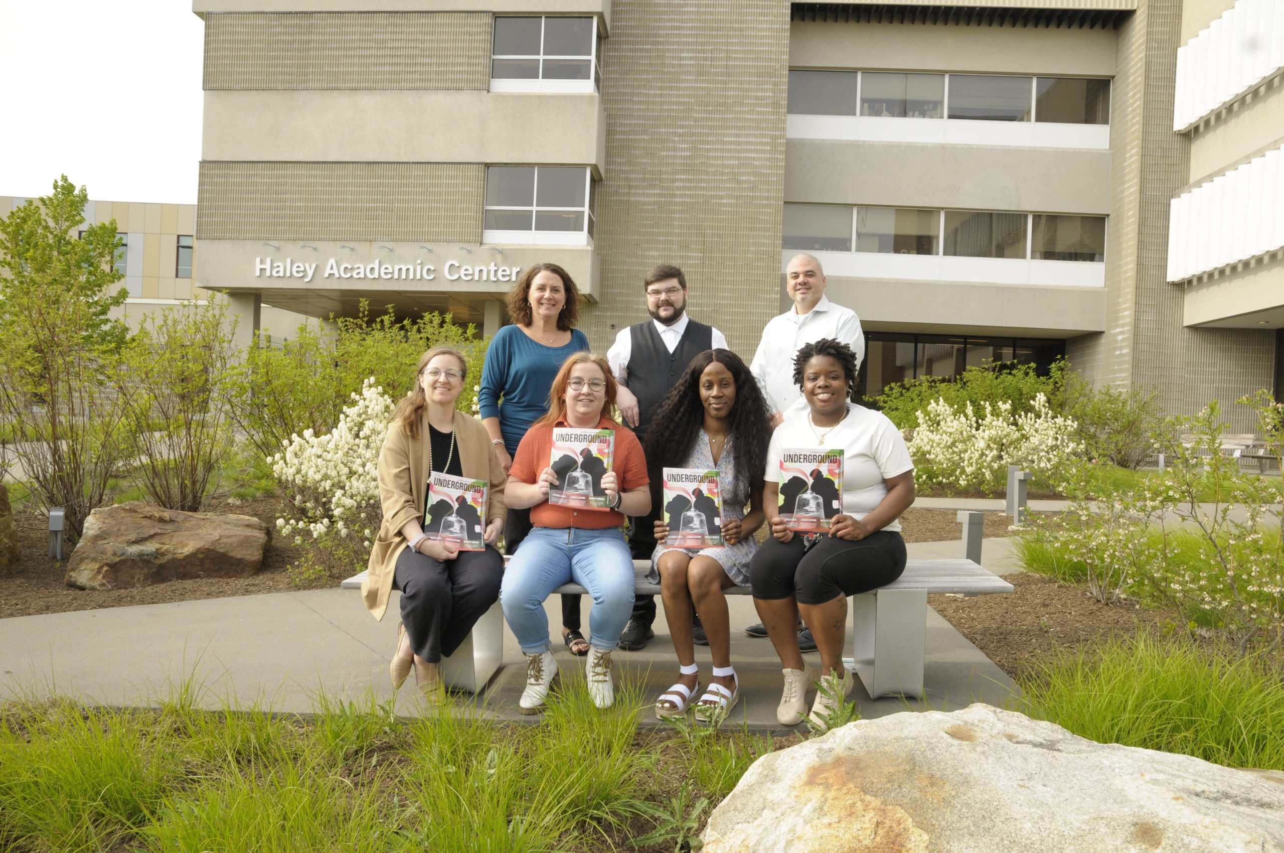 Left to right, Faculty Advisor Katie Fuller, Graphic and Interactive Design Professor and Department Chair Leslie Cullen, Elysian Alder, Graphic and Interactive Design staff member Tom Hill, Anya Ezechukwu, Gateway to College Resource Specialist David Thibault-Munoz, and Isabelle Mascary.