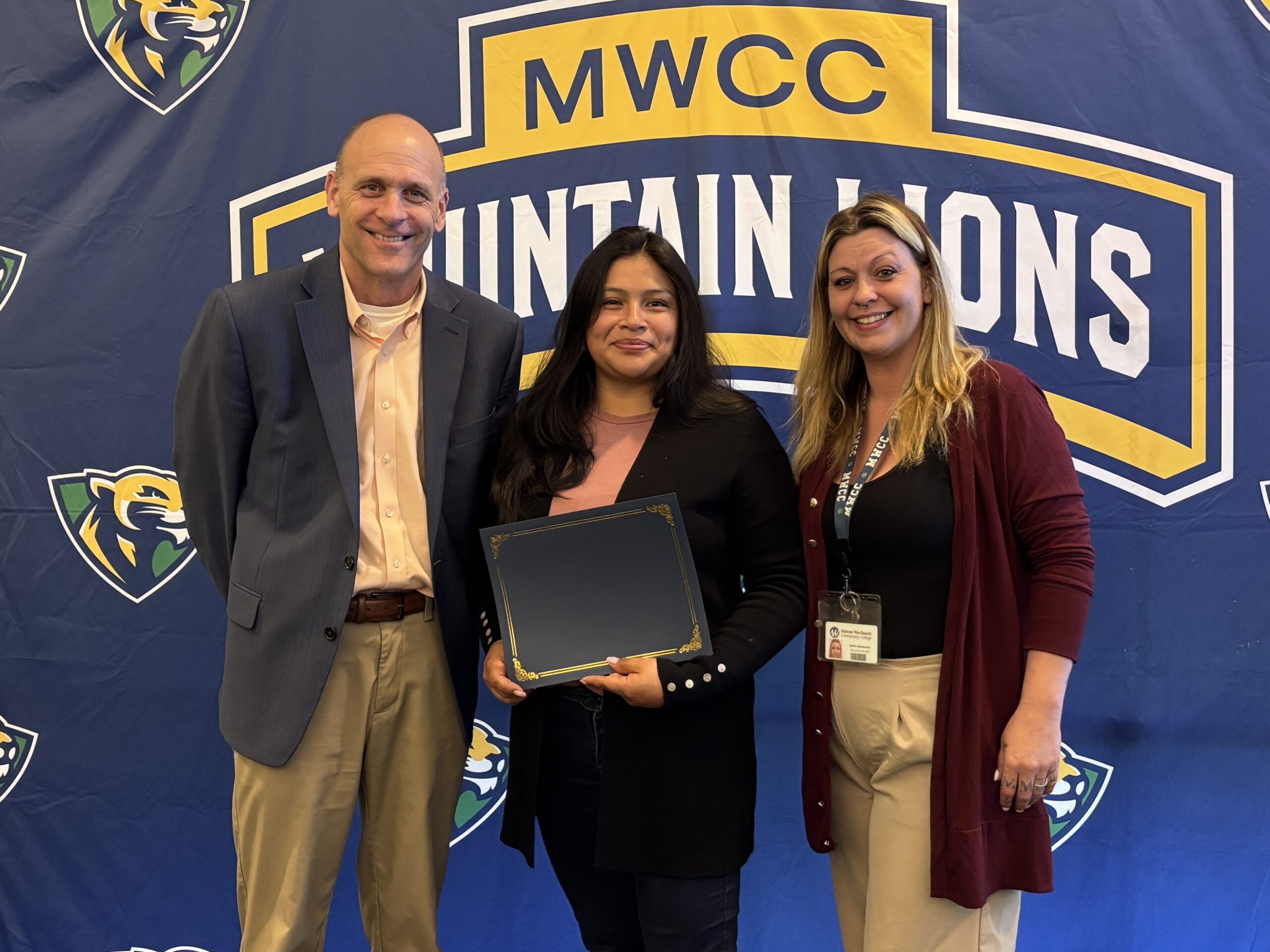 MWCC President James Vander Hooven, Stephanie Seyde, Asst. Director of Campus Services for Pathways for Change, Inc, and Katt Bosworth, Brewer Center Assistant Coordinator of Civic Engagement.