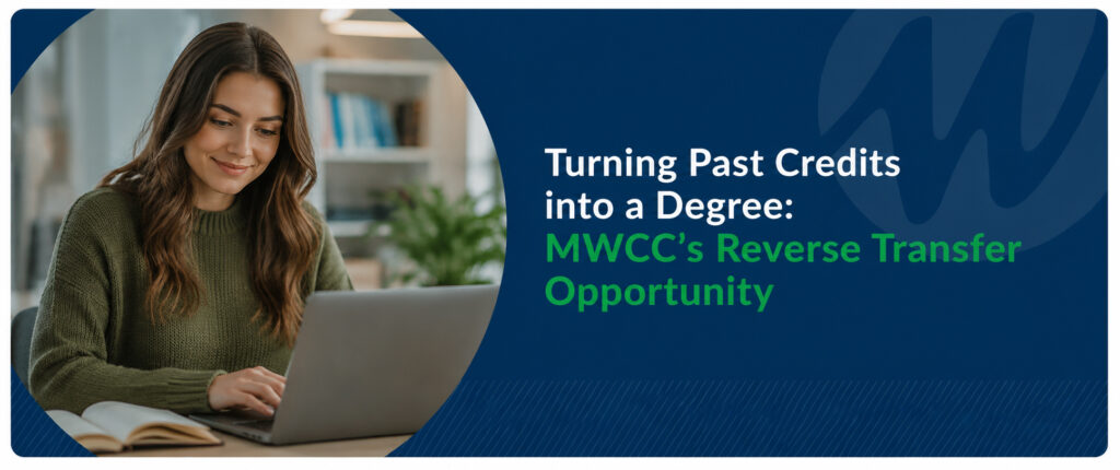 Young adult student working on a laptop, representing MWCC's Reverse Transfer program and the opportunity to turn previously earned college credits into an associate degree.