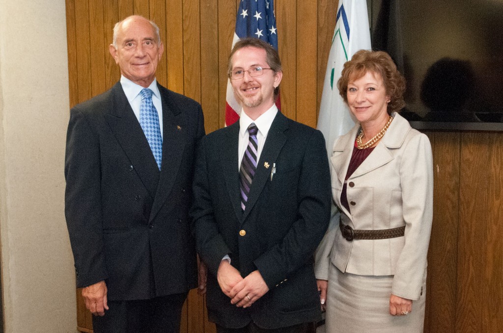 Gardner resident Phillip Stan, center, was recently sworn in as student trustee on Mount Wachusett Community College’s Board of Trustees. President Daniel Asquino and board Chair Tina Sbrega were among the college officials who congratulated Stan during a ceremony at the college on Sept. 11.