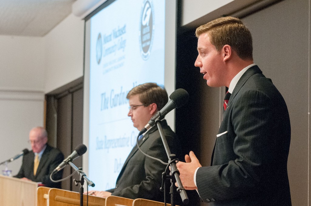 The Second Worcester District's two state representative candidates debated at MWCC in advance of the Nov. 4 general election. Pictured, from left, Steve Wendell of WGAW AM 1340, incumbent Jonathan Zlotnik and challenger Garret Shetrawski.