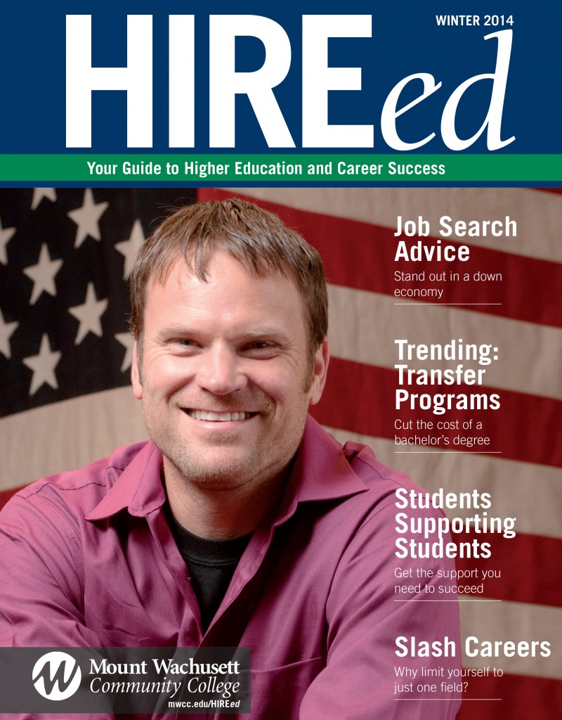 Cover of HIREed magazine - Veteran Student in front of flag