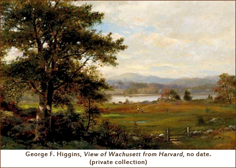 George F. Higgins, View of Wachusett from Harvard, no date. (private collection) [landscape scene of a field, large tree and lake]