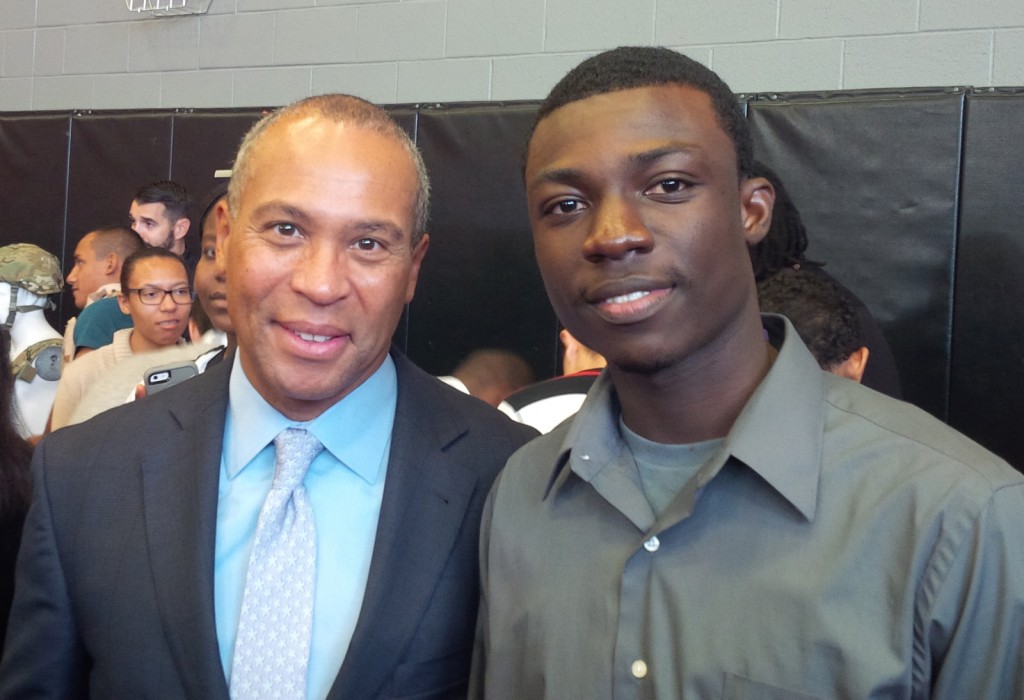 MWCC student Louis Ayisi, seen here with Governor Deval Patrick, represented his school at the Department of Higher Education's "Go Public!" event in Worcester