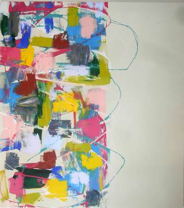 Abstract painting with pinks, blue, greens, yellows, and greys