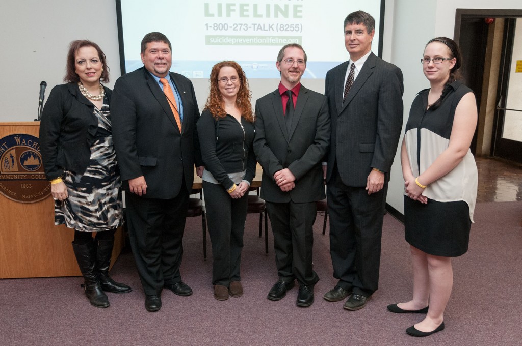 Honors Program Coordinator Sheila Murphy; Michael Ellis, project coordinator of the Men’s Suicide Prevention Program at Heywood Hospital; MWCC student Carrie DeCosta, Stan, former State Senator Robert Antonioni, and LaBelle