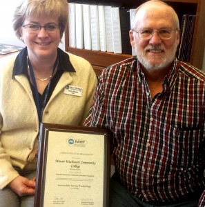 Dean Janice Barney and Auto Tech Department Chair Professor Peter Kaufmann witht he NATEF Accreditation Certificate