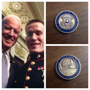 Selfie of Aaron Trudeau with Vice President Biden and a close up of the personal challenge coin from Vice President Biden