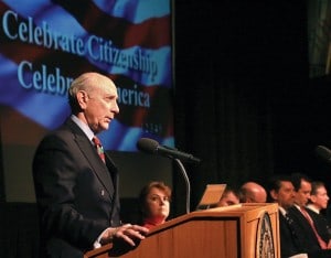 Daniel Asquino, president of Mount Wachusett Community College, addresses the crowd. (John Love photo)